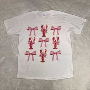 Port and Company White Tee with Red Lobster & Pink Bow Graphic Size Large